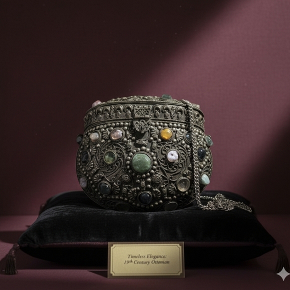 Vintage Mediterranean Saje metal crossbody bag w/ polished geode stones